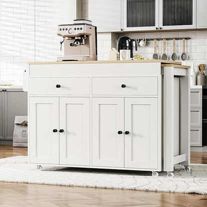 74.5" Kitchen Island with Extendable Dining Table for 2–4 People, Rolling Kitchen Cart with Spice Rack, 2 Drawers, and 4-Door Cabinet,Storage Island for Dining Room or Home Office, White