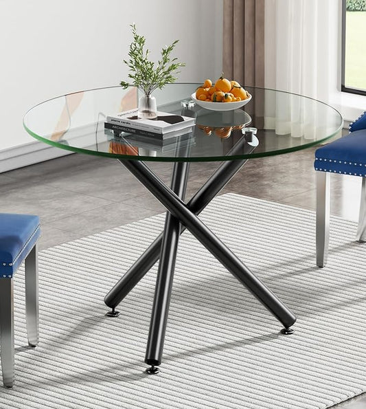 36" Round Glass Dining Table for 4, Modern Dining Room Table with Black Metal Cross Legs, Adjustable Foot Pads, Tempered Glass Top Kitchen Dinner Tables for Kitchen Dining Room Small Apartment