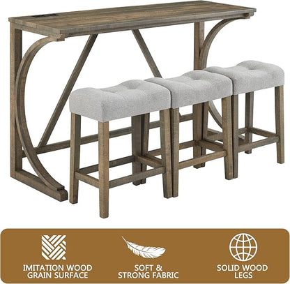Betoko Counter Height Table Set with Stools, Breakfast Nook Bar Set, Dining Room Table and Chairs, Outlet Included, Brown Yellow