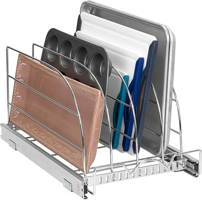 HOLDN’ STORAGE Pull Out Organizer for Bakeware, Cutting Board and Trays, Adjustable Dividers - Heavy Duty, Lifetime Limited Warranty - For Narrow Cabinet Spaces, 12.5”W x 21”D x 11”H, Chrome