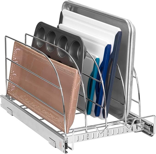 HOLDN’ STORAGE Pull Out Organizer for Bakeware, Cutting Board and Trays, Adjustable Dividers - Heavy Duty, Lifetime Limited Warranty - For Narrow Cabinet Spaces, 12.5”W x 21”D x 11”H, Chrome
