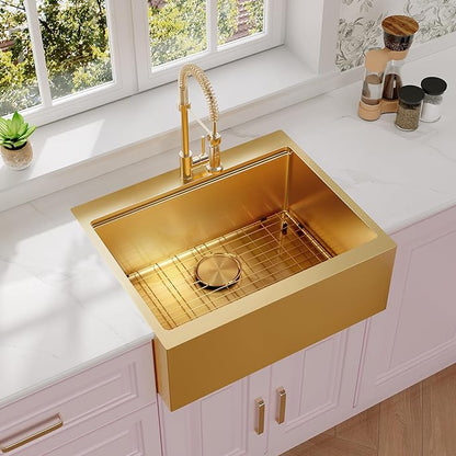 Rhbamoa Gold Farmhouse Sink 28 inch,16 Gauge T304 Stainless Steel Drop in Farm Sinks,Gold Single Bowl Apron Front Kitchen Farm Sink,10 Inch Depth Topmount Workstation Sinks with All Accessories