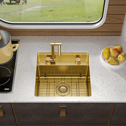 18"x18" Undermount RV Kitchen Sink Workstation – 16 Gauge 304 Stainless Steel Brushed Gold NANO-PVD Single Bowl Sink with Foldable Faucet, for RV, Camper, Mobile Home, Wet Bar