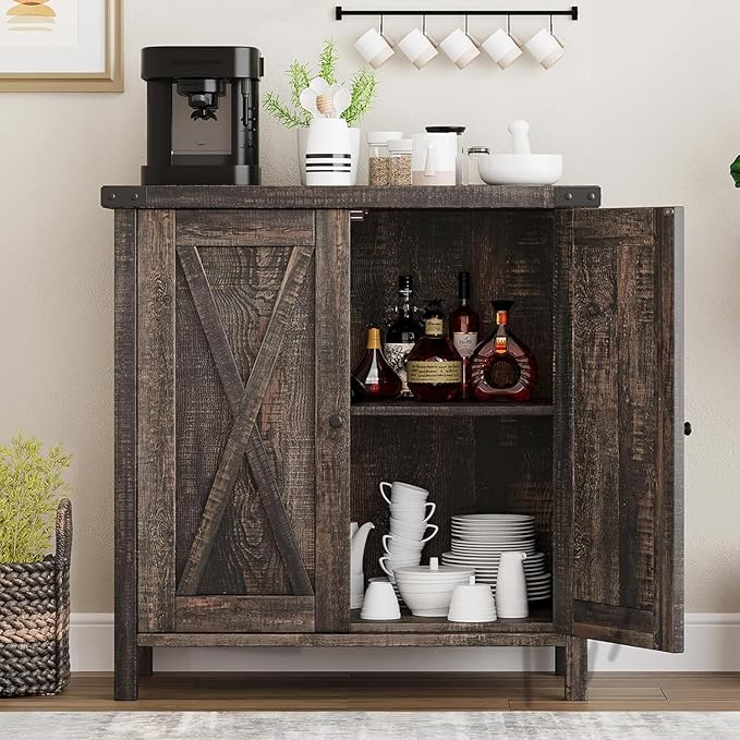 GarveeHome Small Storage Cabinet, Farmhouse Sideboard Buffet Cabinet with 2 Doors and Adjustable Shelves, Accent Entryway Console Cabinets for Living Room, Dining Room (Dark Oak, 1 Pieces)