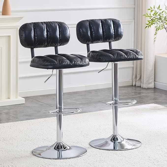 Set of 2 Adjustable Height Bar Stools, Black PU Leather Upholstered with Chrome Base & Footrest, Modern Comfortable Stools for Kitchen Island, Home Bar, Game Room & Office Break Area