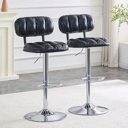 Set of 2 Adjustable Height Bar Stools, Black PU Leather Upholstered with Chrome Base Footrest, Comfortable Stools for Kitchen Island, Home Bar, Game Room Office Break Area