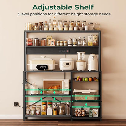 SUPERJARE Bakers Rack with Power Outlet, 47.2 Inches Coffee Bar with 3 Level-Adjustable Open Shelves, Wire Basket, Kitchen Microwave Stand with 6 S-Shaped Hooks, Black