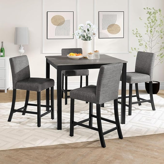 5-Piece Counter Height Dining Table Set for 4, Wooden Kitchen Table and Chairs Set of 4, Square Dining Room Table with Upholstered Seats for Kitchen and Dining, Light Grey & Black Two Tone