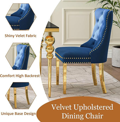 7 Piece Glass Dining Table Set, Modern 70 Inch Gold Rectangular Glass Kitchen Table, 6 Blue Exquisite Velvet Cushion Chairs for Living Room, Restaurant (Black-Top)