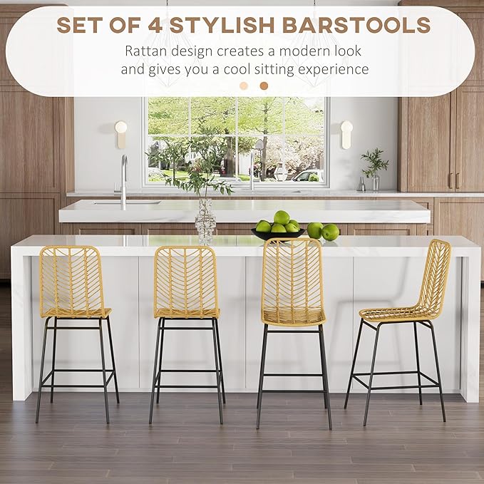 Rattan Bar Stools Set of 4, 26" Counter Height Barstools, Boho Kitchen Island Stools with Breathable Wicker Seat and Back, Yellow