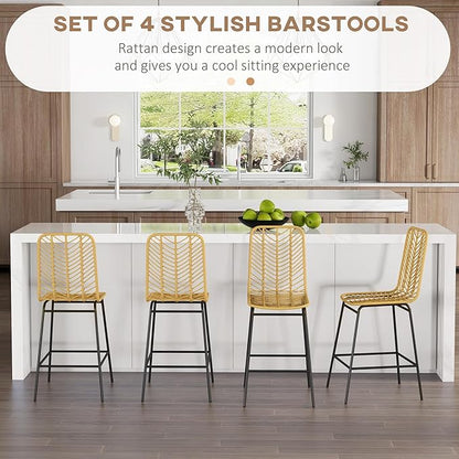 NewCosmos Rattan Bar Stools Set of 4, 26" Counter Height Barstools, Boho Kitchen Island Stools with Breathable Wicker Seat and Back, Yellow