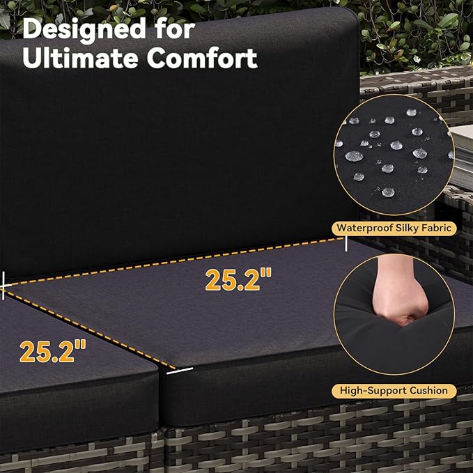 Aoxun 7 Piece Patio Furniture Set, All-Weather Wicker Outdoor Furniture 6 Seats Patio Conversation Sets with Storage Coffee Table, Outdoor Sectional Sofas for Backyard Garden(Grey/Black)