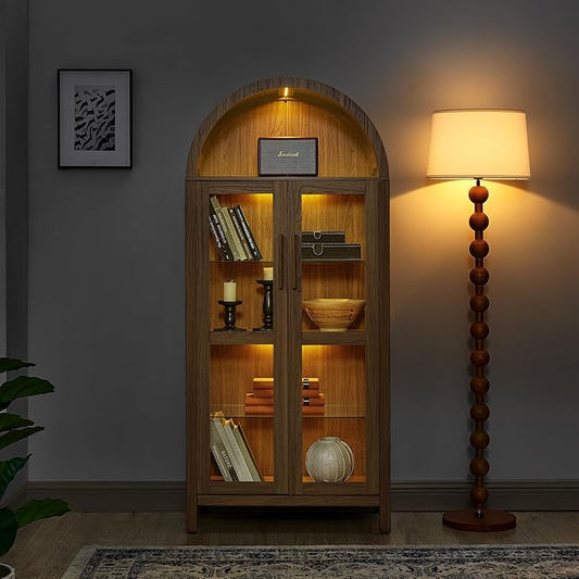 Ball & Cast 67" Tall Arched Kitchen Pantry Cabinet with Lamp, Modern Wooden Storage Cabinet with Glass Doors & Adjustable Shelves,Versatile Display Cabinet for Kitchen, Living Room,Dining Room,Brown