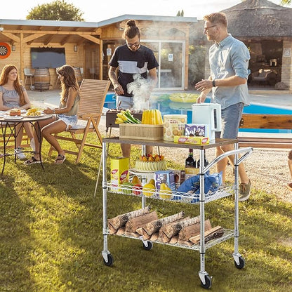 Rolling Kitchen Carts on Wheels With Storage,650Lbs Heavy Duty Metal Cart with Wheels,3 Tier Rolling Cart with Wooden Top,NSF Utility Cart with Handle for Food Cart Serving Carts,30.3"L*31.9"H*18.1"W