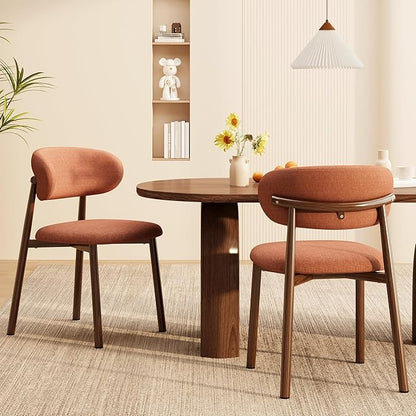 Kitchen Dining Chairs Set of 2 Modern Soft Linen Farmhouse Dining Room Chair with Metal Legs, Orange/Walnut