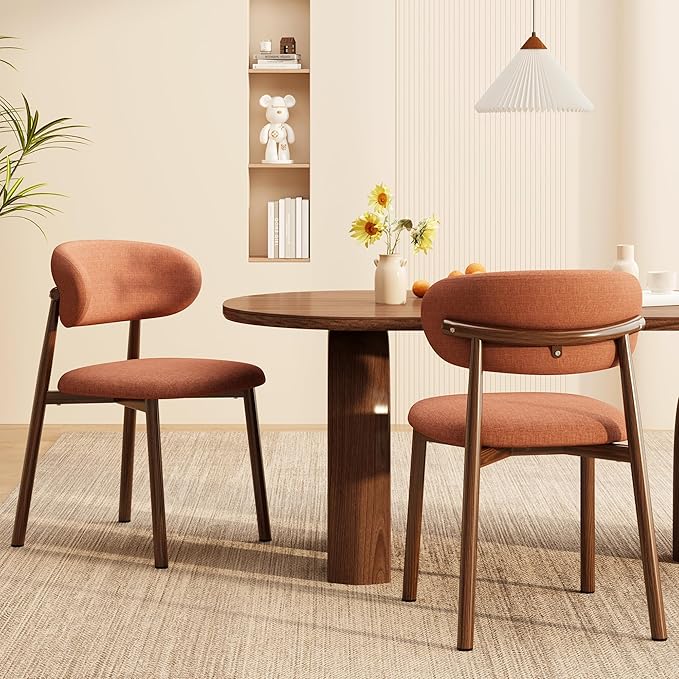 Kitchen Dining Chairs Set of 4 Modern Soft Linen Farmhouse Dining Room Chair with Metal Legs, Orange/Walnut