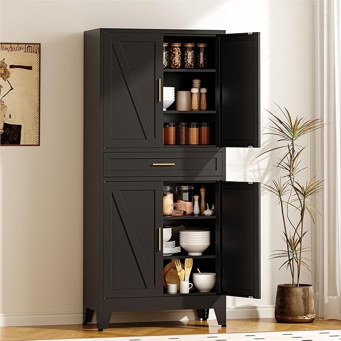 COFaR 71" Modern Pantry Cabinet with Drawer, Black Storage Cabinet with Adjustable Shelves, 3-Section Industrial Cupboard for Kitchen & Office