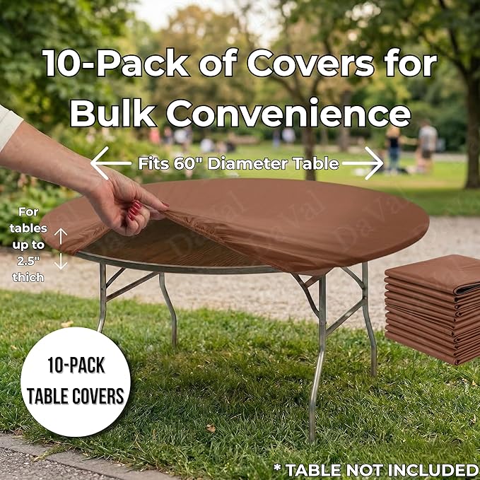 Kwik-Covers 10 Pack of Round Plastic Table Covers - 60" or 72" Round - Indoor or Outdoor Fitted Covers (Tables NOT Included) (Brown, 60" Round)