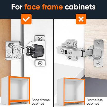 Decobasics 50 Pack Soft Close Cabinet Hinges – 5/8" Overlay for Kitchen Cabinet Doors, Face Frame Concealed Hidden Hinges – Stainless Steel, Self-Closing with 3-Way Adjustment & Slow Close Damper