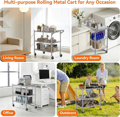 NTE 3 Tier Heavy Duty Rolling Utility Cart on Wheels, 990Lbs Capacity Rolling Wire Cart, Kitchen Carts on Wheels, NSF Commercial Metal Serving Cart with Handle and Shelf Liners for Kitchen, Restaurant