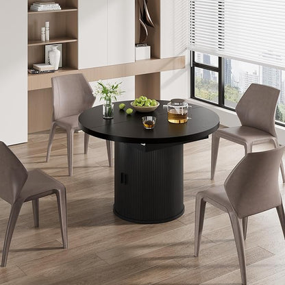Dining Table for 4-6-8, 43-59" Extendable Round Dining Room Kitchen Table with Storage Shelf, Space Saving Expandable Wood Oval Circle Dinner Table with Pedestal Base for Kitchen Living Room (Black)