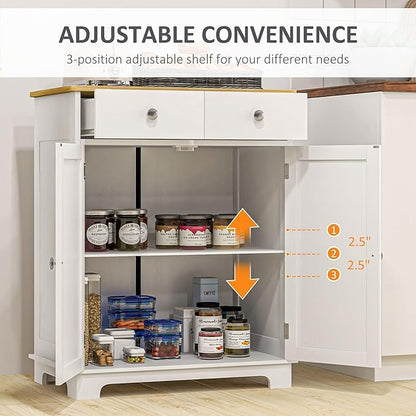 HOMCOM Sideboard Buffet Cabinet with Solid Wood Countertop, Modern Kitchen Storage Cabinet, Coffee Bar Cabinet with 2 Drawers, Doors and Adjustable Shelf, Distressed White