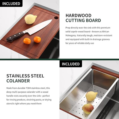 25-inch Undermount Kitchen Sink Workstation, SINKVINE 25x19 Outdoor Sink BBQ, Stainless Steel Single Bowl Basin w/Drain Strainer, Bottom Grid, Roll-up Drying Unit, Wood Cutting Board, Deep Colander