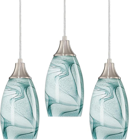 karyfine Mini Pendant Lights Kitchen Island Light Brown Glass Lamp Shade Hand Blown Glass Pendant Light with Brush Nickel Finish Adjustable Cord for Kitchen Over Sink (Green Marble-3Packs)