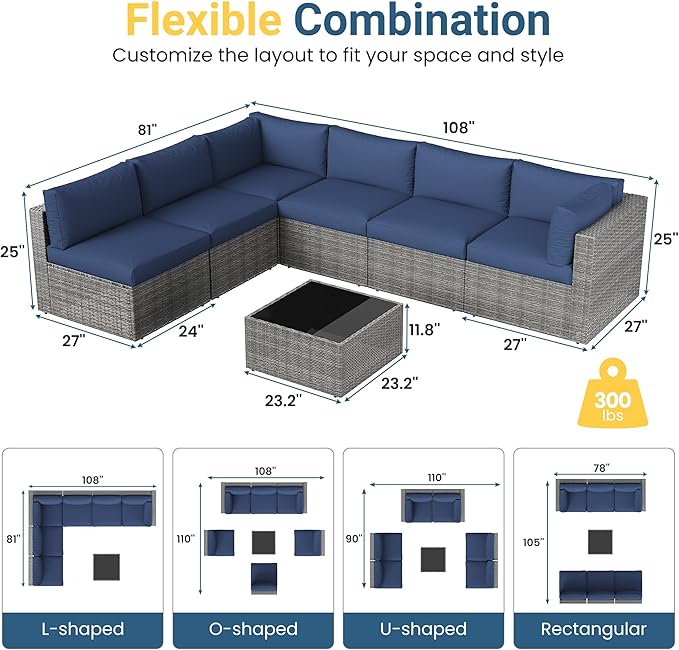 Wisteria Lane 7 Pieces Outdoor Patio Furniture Set, Wicker Outdoor Patio Sectional Sofas with Coffee Table, All-Weather Patio Conversation Set for Backyard Garden, Navy Blue