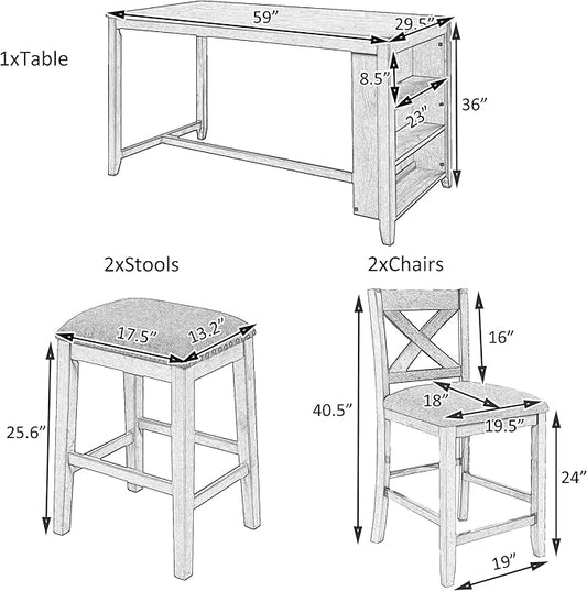 Harper & Bright Designs 5 Pieces Counter Height Wooden Bar Table Set with 3-Tier Shelf, 2 stools and 2 Chairs, Rustic Farmhouse Dining Table Set for 4, White