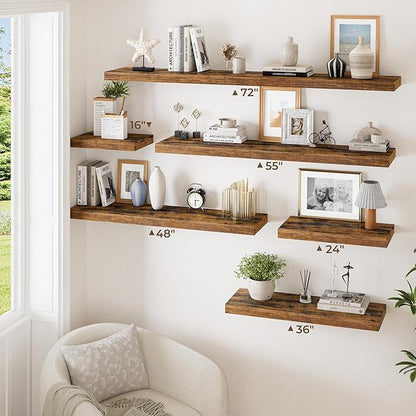 RICHFOCUS Deep Floating Shelves for Wall 2 Pack 12" D 48 Inch Wall Shelves for Room Wall|Wood Hanging Shelf with Invisible Brackets for Bathroom Bedroom Kitchen Laundry Room, Rustic Brown