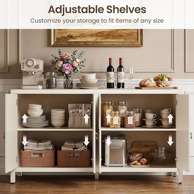 RoyalCraft Buffet Cabinet with Storage, 60" W Modern Coffee Bar Sideboard with 4 Doors & Adjustable Shelves, Painted Wooden Credenza for Dining Room, Kitchen, Living Room, Entryway, Beige