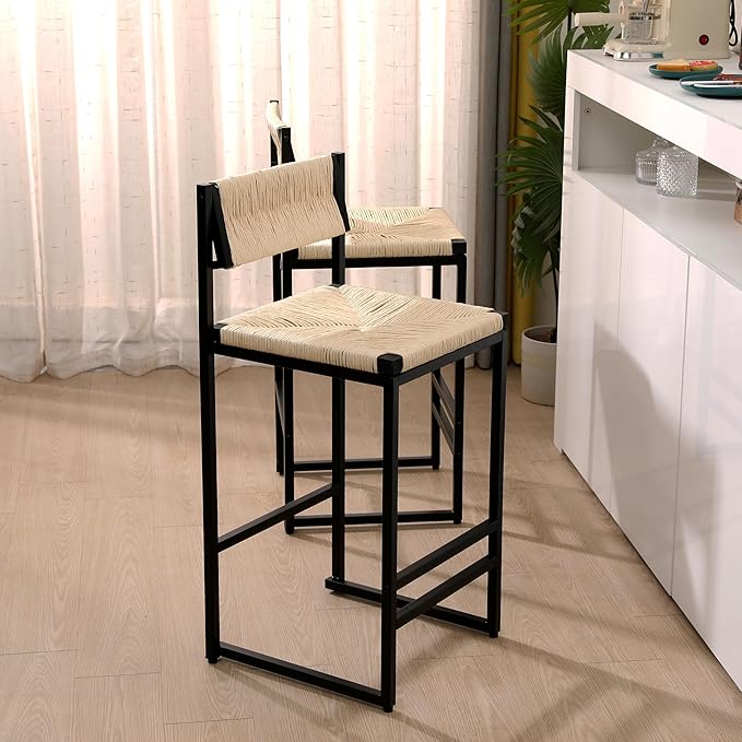 Modern Dining Chairs,Elegant American Design,Offering & Stylish,Hand Woven Paper Rope Bar Stools Set of 2,Solid Wood Frame Counter Height with Metal Legs for Island,Farmhouse Furniture,CreamyWhite-Pap