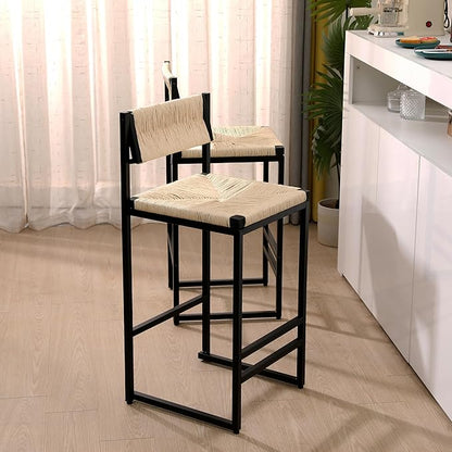 Modern Dining Chairs,Elegant American Design,Offering & Stylish,Hand Woven Paper Rope Bar Stools Set of 2,Solid Wood Frame Counter Height with Metal Legs for Island,Farmhouse Furniture,CreamyWhite-Pap