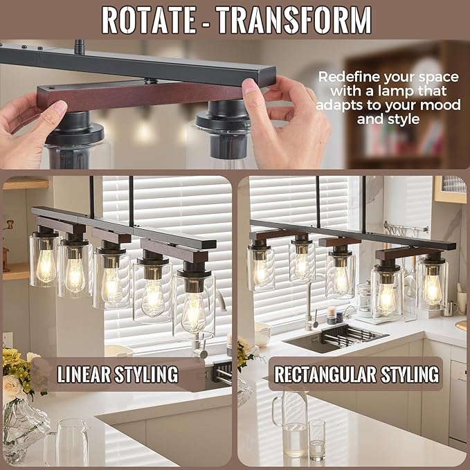 5-Light Kitchen Island Lighting & Farmhouse Dining Room Light Fixtures Over Table, Rustic Wood Linear Chandelier Adjustable Ceiling Hanging Pendant - Rotating Design, Customizable Shapes, Clear Glass