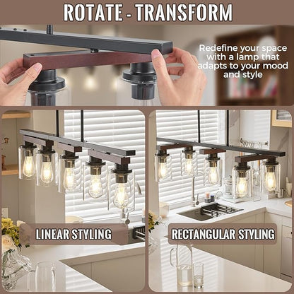 5-Light Kitchen Island Lighting & Farmhouse Dining Room Light Fixtures Over Table, Rustic Wood Linear Chandelier Adjustable Ceiling Hanging Pendant - Rotating Design, Customizable Shapes, Clear Glass