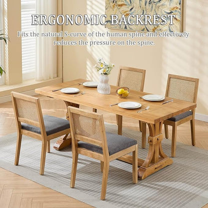 Modern Wooden Dining Chair Set of 4, Farmhouse Kitchen & Dining Room Chair with Solid Wood Legs, Rattan Upholstered Kitchen Chairs for Restaurant/Living Room (Gray, Set of 4)
