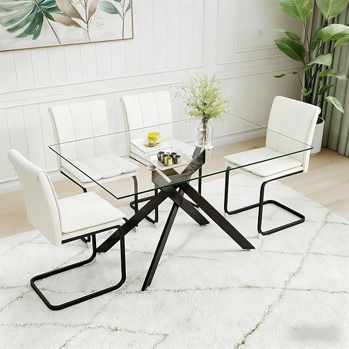51.18" Rectangular Glass Dining Table, Tempered Glass Small Kitchen Table with Metal Tubular Legs, Stylish and Sturdy Clear Dinner Table for Home and Outdoor