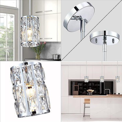 MEXO Modern Crystal Pendant Light Fixture 3-Pack Chrome Finish Hanging Lighting Crystal Chandelier for Kitchen Island