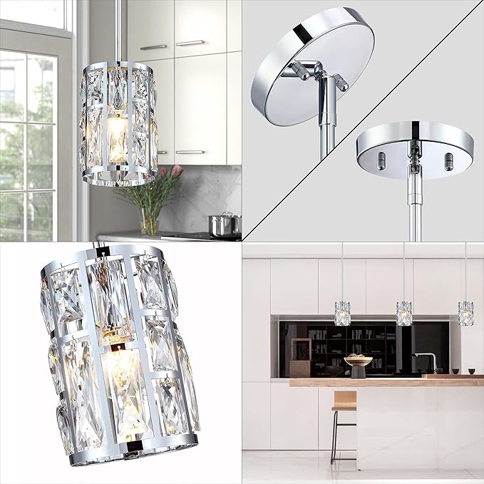 MEXO Modern Crystal Pendant Light Fixture 2-Pack Chrome Finish Hanging Lighting Crystal Chandelier for Kitchen Island