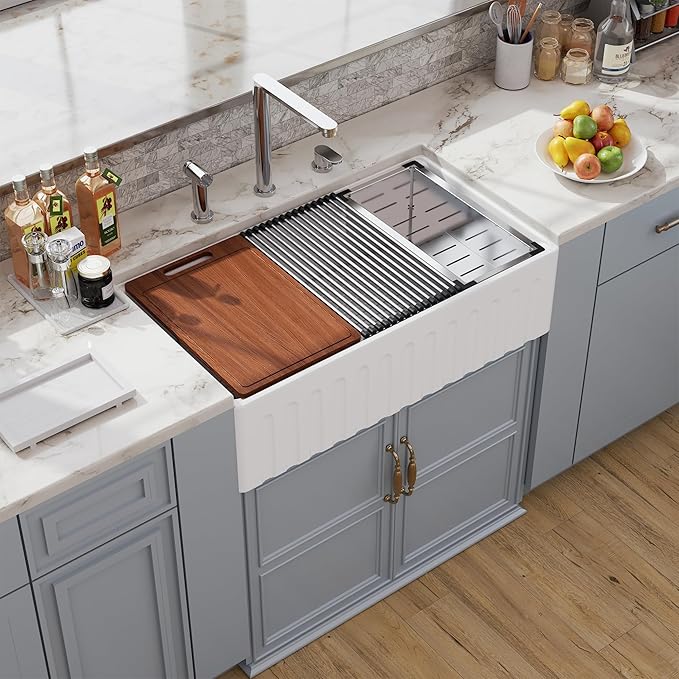 33 White Farmhouse Sink Reversible Workstation, Hugsleek Undermount Farm Kitchen Sink 33x20 inch Apron Front White Porcelain Ceramic Fireclay Sinks Single Bowl Under Counter Farmer Basin Accessories