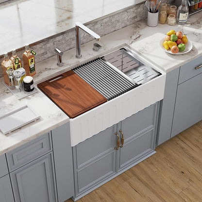 33 White Farmhouse Sink Reversible Workstation, Hugsleek Undermount Farm Kitchen Sink 33x20 inch Apron Front White Porcelain Ceramic Fireclay Sinks Single Bowl Under Counter Farmer Basin Accessories