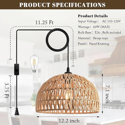 Brown Rattan Light Fixture 15ft Plug In Pendant Light Woven Pendant Light Boho Chandelier Wicker Pendant Light Boho Pendant Light Plug In for Dining Room Kitchen Island Bedroom(Bulb Incl.)