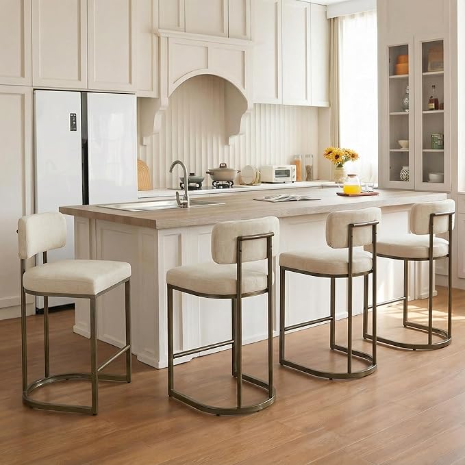 26" H Counter Height Bar Stools Set of 3, Modern Linen Fabric Upholstered Barstools with Backrest for Kitchen Island, Gold Metal Frames, Linen