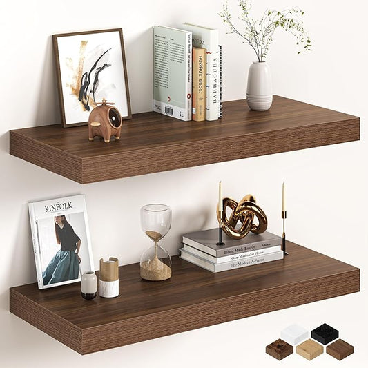 32Inch Walnut Floating Shelves for Wall, 12 Inch Deep Shelves for Bedroom, Kitchen, Bathroom Wall Mounted, Rustic Wood Floating Shelf with Invisible Brackets for Books, Storage, Decor, 2 Packs