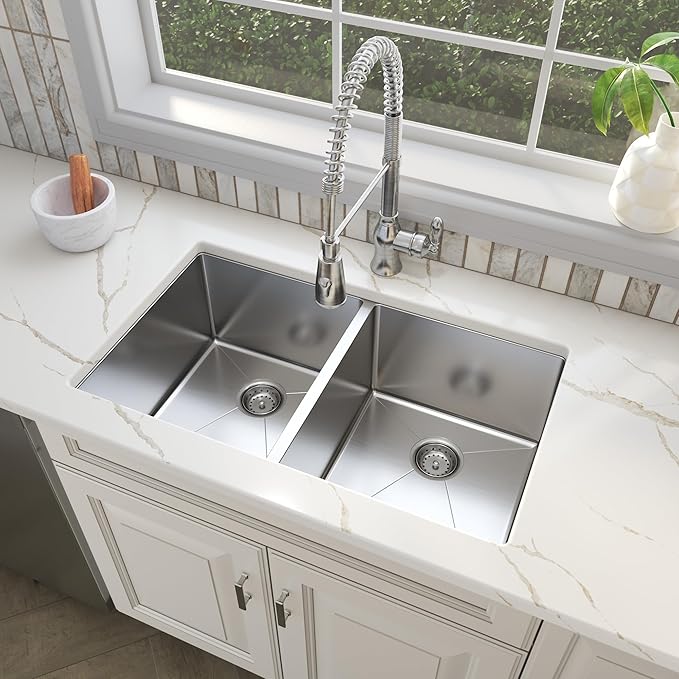 MSI 32 inch Undermount 50/50 Double Bowl 16 Gauge Stainless Steel Kitchen Sink and Strainer