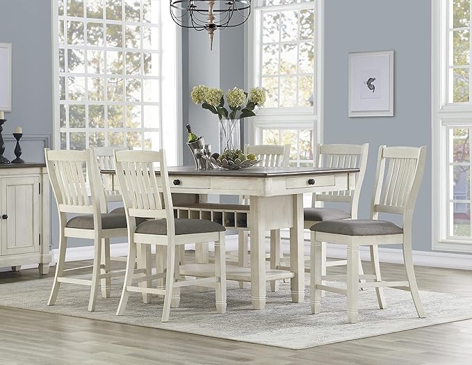 Antique White Counter Height Chairs, Set of 2, Textured Fabric Upholstery, Wood Dining Chairs, Kitchen Island Seating
