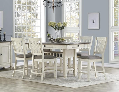 Antique White Counter Height Chairs, Set of 2, Textured Fabric Upholstery, Wood Dining Chairs, Kitchen Island Seating