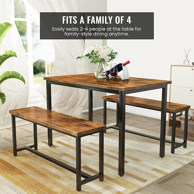 Recaceik 47” Dining Table Set for 4, 3-Piece Kitchen Table with 2 Benches, Wood Kitchen Table and Chair Set, Space-Saving Dining Room Set Dinette Set for Breakfast Nook and Small Space, Rustic Brown