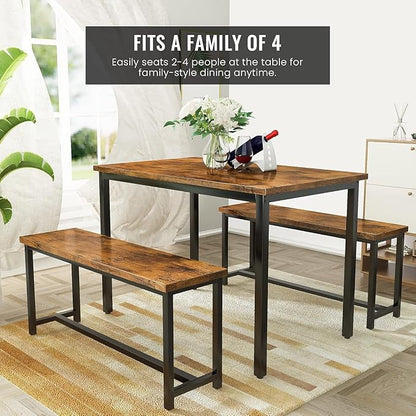 Recaceik 47” Dining Table Set for 4, 3-Piece Kitchen Table with 2 Benches, Wood Kitchen Table and Chair Set, Space-Saving Dining Room Set Dinette Set for Breakfast Nook and Small Space, Rustic Brown